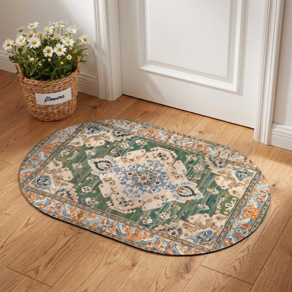 Diatomaceous Earth Bath Mat 16"x24", Boho Absorbent Bathroom Rugs with Non-Slip Backing Rubber, Low-Profile Doormat for Kitchen Sink Indoor Green Brown Ethnic Tribe Abstract Vintage Western