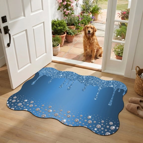 Diatomaceous Earth Bath Mat 16"x24", Modern Blue Absorbent Scalloped Bathroom Rugs with Non-Slip Backing Rubber, Low-Profile Doormat for Kitchen Sink Indoor Abstract Diamond Luxury Gradient