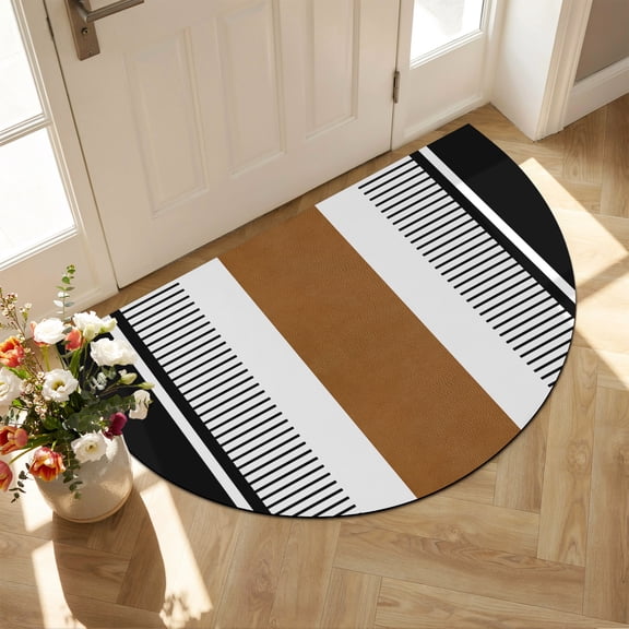Diatomaceous Earth Bath Mat 16"x24", Modern Brown Black Absorbent Half Circle Bathroom Rugs with Non-Slip Backing Rubber, Low-Profile Doormat for Kitchen Sink Boho Contemporary Geometric Striped