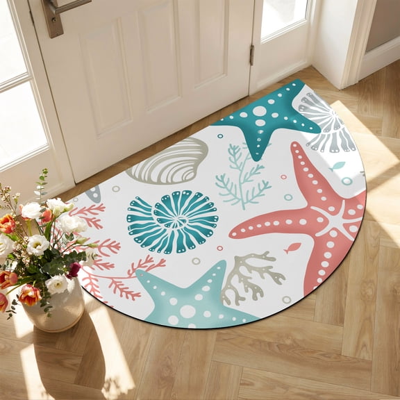 Diatomaceous Earth Bath Mat 16"x24", Red Teal Starfish Coastal Absorbent Half Circle Bathroom Rugs with Non-Slip Backing Rubber, Low-Profile Doormat for Kitchen Sink Summer Beach Nautical Coral Sea