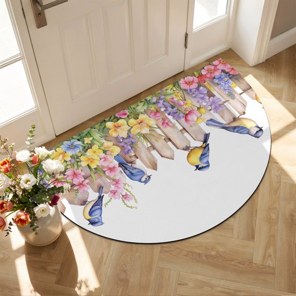 Diatomaceous Earth Bath Mat 16"x24", Spring Floral Absorbent Half Circle Bathroom Rugs with Non-Slip Backing Rubber, Low-Profile Doormat for Kitchen Sink Indoor Summer Birds Botanical Fence