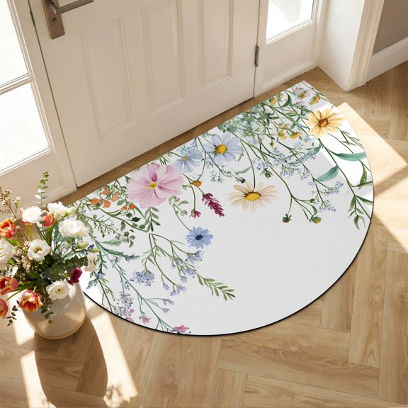 Diatomaceous Earth Bath Mat 16"x24", Spring Floral Absorbent Half Circle Bathroom Rugs with Non-Slip Backing Rubber, Low-Profile Doormat for Kitchen Sink Indoor Wildflowers Herbs Summer Botanical