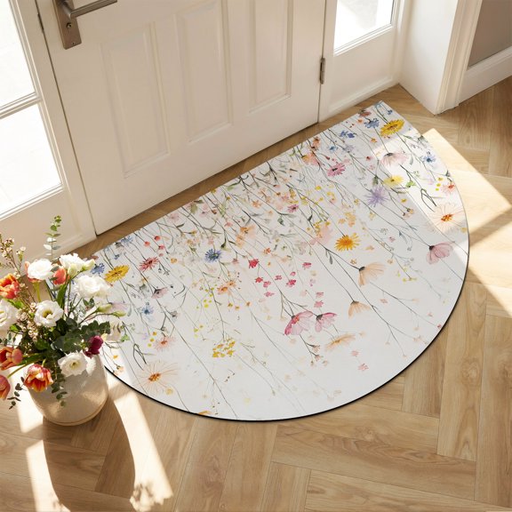 Diatomaceous Earth Bath Mat 16"x24", Spring Flowers Absorbent Half Circle Bathroom Rugs with Non-Slip Backing Rubber, Low-Profile Doormat for Kitchen Sink Watercolor Wildflowers Farmhouse Floral