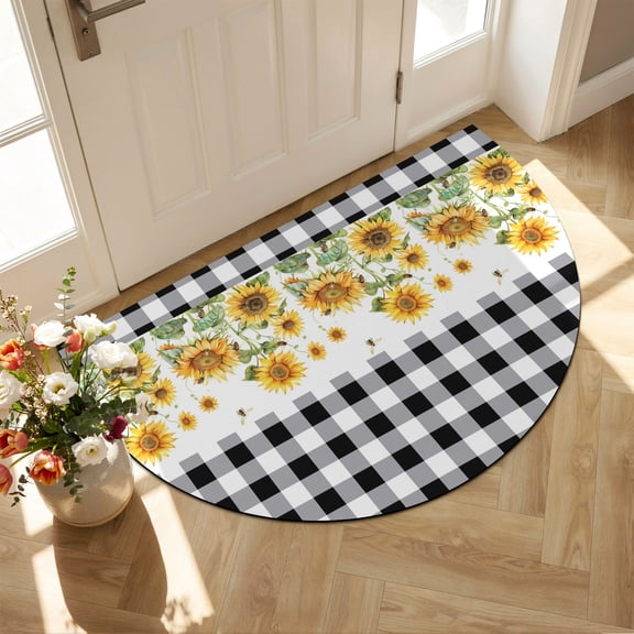 Diatomaceous Earth Bath Mat 16"x24", Sunflower Absorbent Half Circle Bathroom Rugs with Non-Slip Backing Rubber, Low-Profile Doormat for Kitchen Sink Black White Buffalo Plaid Check Country Bee