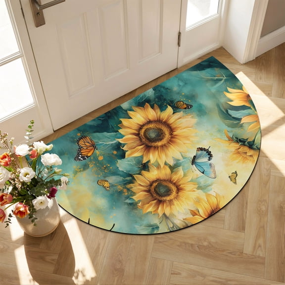 Diatomaceous Earth Bath Mat 16"x24", Sunflower Butterfly Absorbent Half Circle Bathroom Rugs with Non-Slip Backing Rubber, Low-Profile Doormat for Kitchen Sink Retro Green Yellow Pastoral Floral