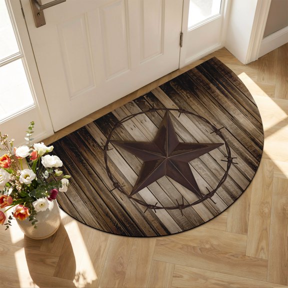 Diatomaceous Earth Bath Mat 16"x24", Western Star Retro Absorbent Half Circle Bathroom Rugs with Non-Slip Backing Rubber, Low-Profile Doormat for Kitchen Sink Indoor Vintage Brown Wood Barn