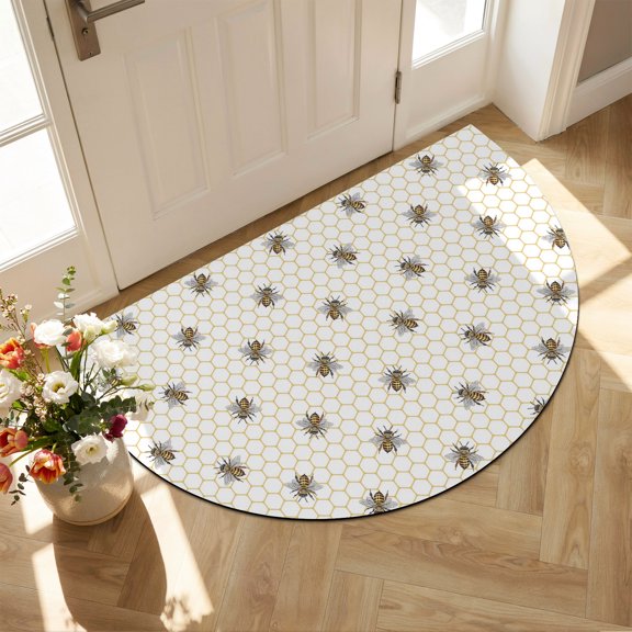 Diatomaceous Earth Bath Mat 16"x24", Yellow Bees Absorbent Half Circle Bathroom Rugs with Non-Slip Backing Rubber, Low-Profile Doormat for Kitchen Sink Indoor Honeybee Geometric Hive Simple Pastoral