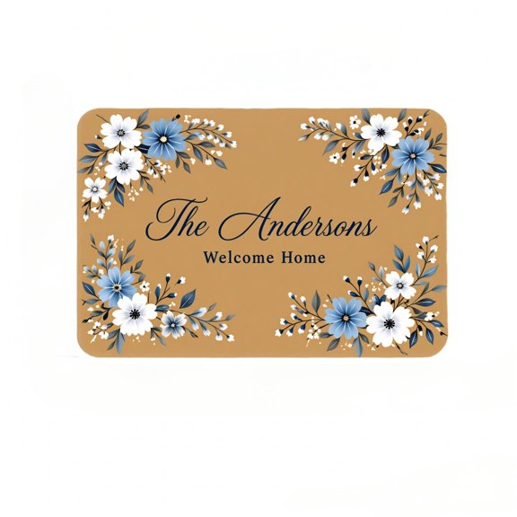 Diatomaceous Earth Bath Mat 36x24 inches, Custom Family Name Blue Floral Welcome Home Bath Mat, Personalized Housewarming Decor