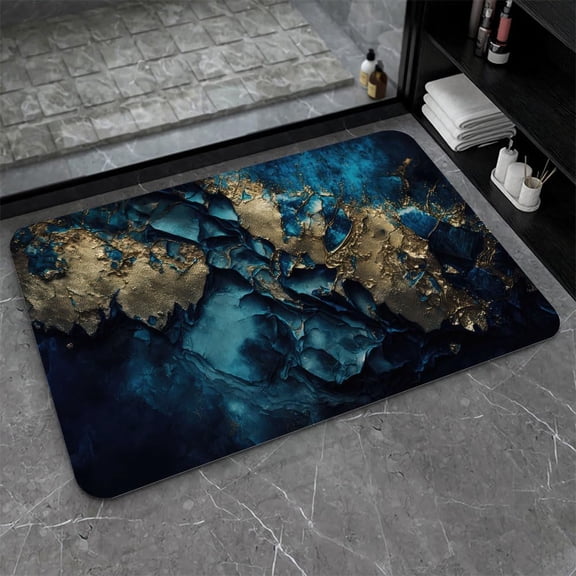 Diatomaceous Earth Bath Mat,Abstract Marble Bule Gold Non-Slip Volume Super Absorbent Fast Drying Eco-Friendly Easy to Clean for Bathroom Kitchen Door mat 16×24Inch (40 * 60cm)