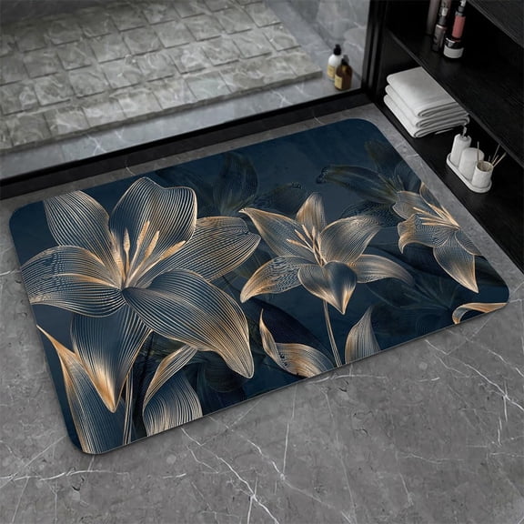 Diatomaceous Earth Bath Mat,Abstract dark flowers in golden line Non-Slip Volume Super Absorbent Fast Drying for Bathroom kitchen mat,Eco-Friendly Easy to Clean 16×24Inch (40 * 60cm)