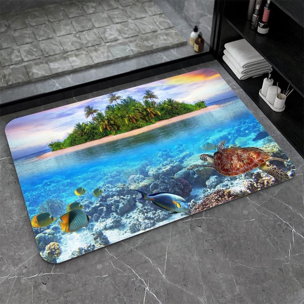 Diatomaceous Earth Bath Mat,Beaches and Underwater Parks Soft Wrinkle Free Bathroom Floor Rugs Non-Slip Volume Super Absorbent Fast Drying for Bathroom Kitchen Door mat（43cmx70cm）