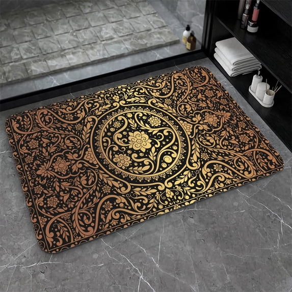 Diatomaceous Earth Bath Mat,Black Gold Flower Non-Slip Volume Super Absorbent Fast Drying for Bathroom Kitchen Door mat,Eco-Friendly Easy to Clean 16×24Inch (40 * 60cm)