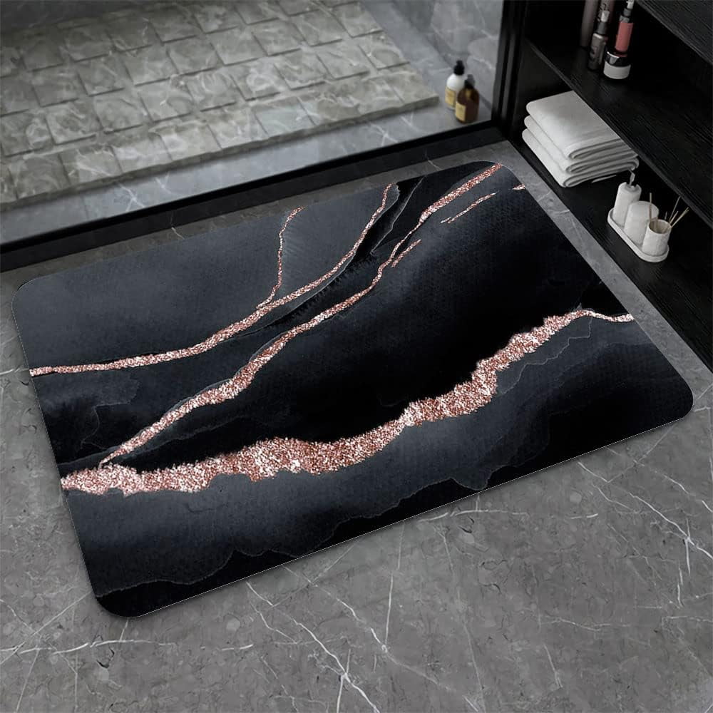Diatomaceous Earth Bath Mat,Black marble Soft Wrinkle Free Bathroom Floor Rugs Non-Slip Volume Super Absorbent Fast Drying for Bathroom Kitchen Door mat,Eco-Friendly Easy to Clean(43cm×70cm)
