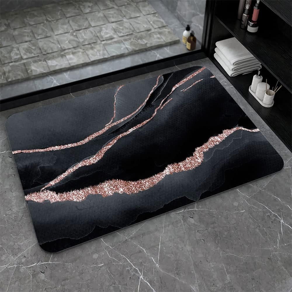 Diatomaceous Earth Bath Mat,Black marble Soft Wrinkle Free Bathroom Floor Rugs Non-Slip Volume Super Absorbent Fast Drying for Bathroom Kitchen Door mat,Eco-Friendly Easy to Clean(43cm×70cm)