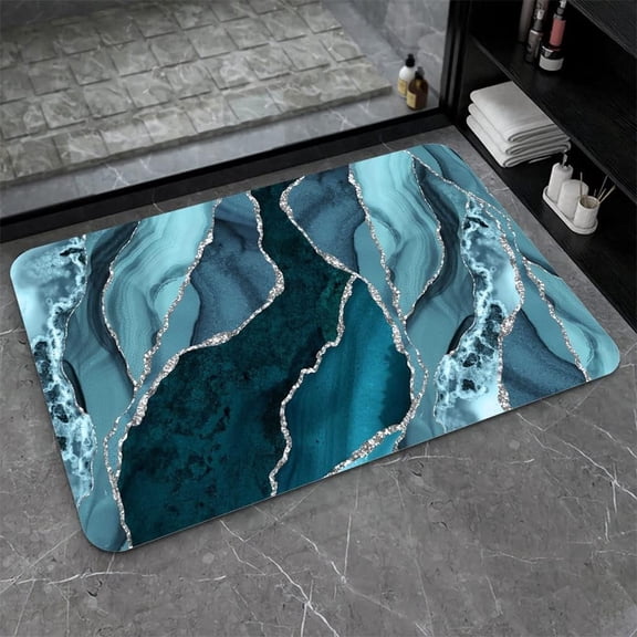 Diatomaceous Earth Bath Mat,Blue and Silver Marble Non-Slip Volume Super Absorbent Fast Drying for Bathroom Kitchen Door mat,Eco-Friendly Easy to Clean 16×24Inch (40 * 60cm)