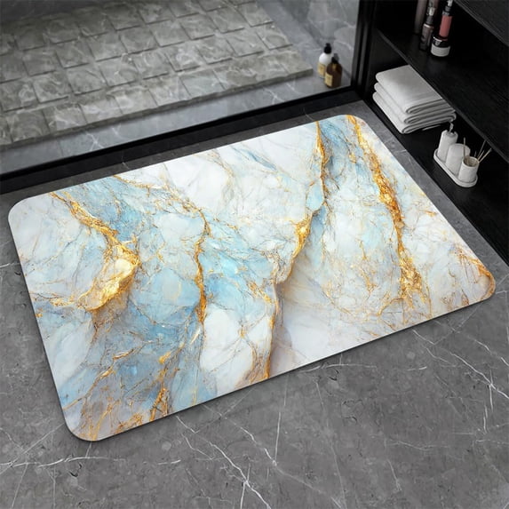 Diatomaceous Earth Bath Mat,Blue, White and Gold Marble Non-Slip Volume Super Absorbent Fast Drying for Bathroom Kitchen Door mat,Eco-Friendly Easy to Clean 17×27.5Inch (43 * 70cm)