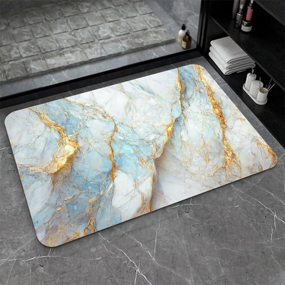 Diatomaceous Earth Bath Mat,Blue, White and Gold Marble Non-Slip Volume Super Absorbent Fast Drying for Bathroom Kitchen Door mat,Eco-Friendly Easy to Clean 20×31Inch (50 * 80cm)