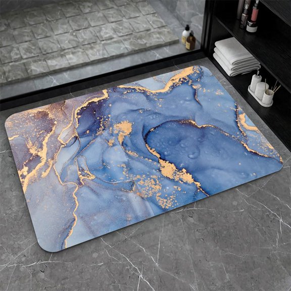 Diatomaceous Earth Bath Mat,Blue gold marble Soft Wrinkle Free Bathroom Floor Rugs Non-Slip Volume