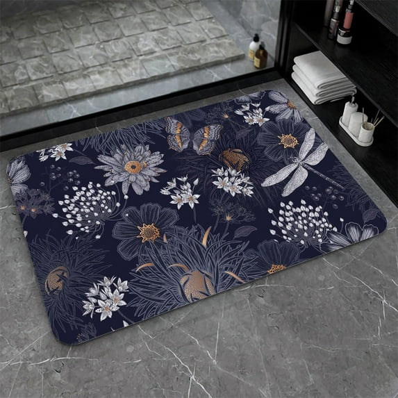 Diatomaceous Earth Bath Mat,Cute wildflowers, butterflies and dragonflies Non-Slip Volume Super Absorbent Fast Drying for Bathroom kitchen door mat,Eco-Friendly Easy to Clean 17×27.5Inch (43*70cm)