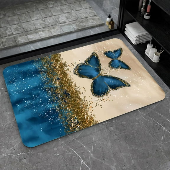 Diatomaceous Earth Bath Mat,Gold and blue butterfly art Non-Slip Volume Super Absorbent Fast Drying for Bathroom kitchen door mat,Eco-Friendly Easy to Clean 17×27.5Inch (43 * 70cm)