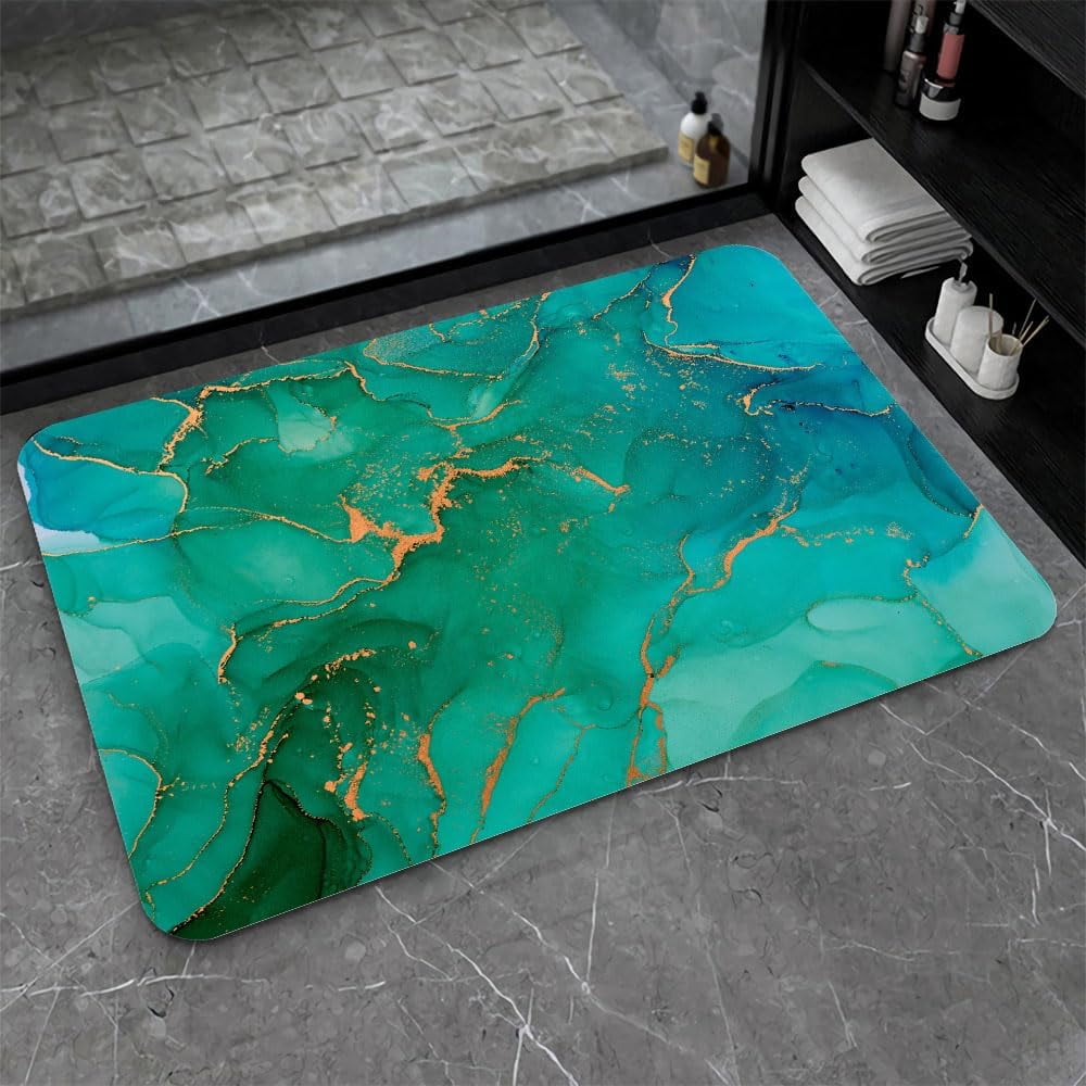 Diatomaceous Earth Bath Mat,Green Gold Thread Marble Soft Wrinkle Free ...