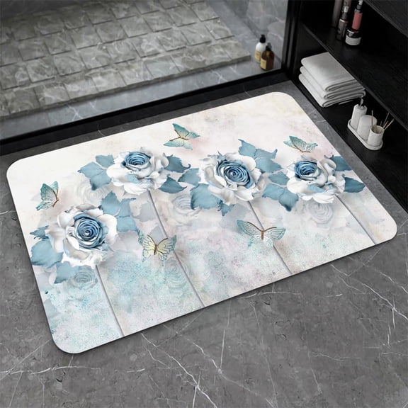 Diatomaceous Earth Bath Mat,Ice Blue Butterflies and Roses Non-Slip Volume Super Absorbent Fast Drying Eco-Friendly Easy to Clean for Bathroom Kitchen Door mat 17×27.5Inch (43 * 70cm)