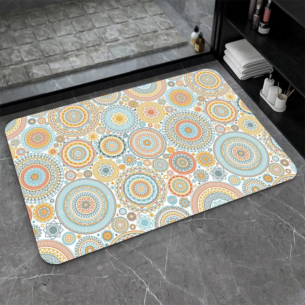 Diatomaceous Earth Bath Mat,Mandala Flower Style Non-Slip Volume Super Absorbent Fast Drying Eco-Friendly Easy to Clean for Bathroom Kitchen Door mat 20×31Inch (50 * 80cm)