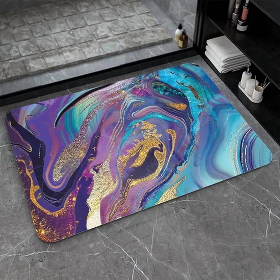 Diatomaceous Earth Bath Mat,Purple, Gold and Blue Marble Non-Slip Volume Super Absorbent Fast Drying for Bathroom Kitchen Door mat,Eco-Friendly Easy to Clean