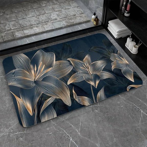 Diatomaceous Earth Bath Mat,Purple, Gold and Blue Marble Non-Slip Volume Super Absorbent Fast Drying for Bathroom Kitchen Door mat,Eco-Friendly Easy to Clean