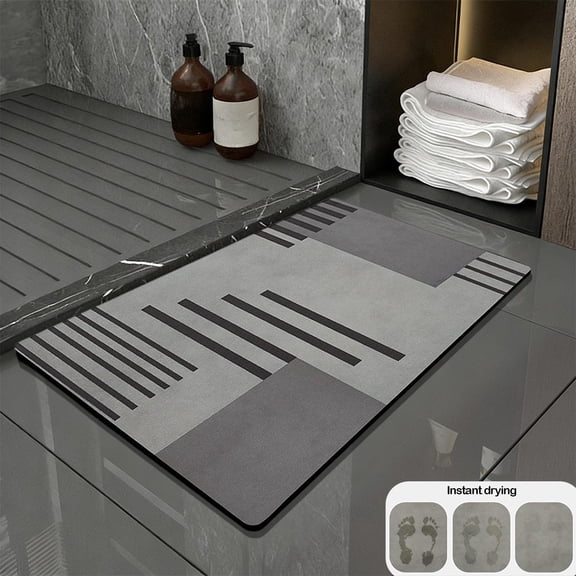 Diatomaceous Earth Bath Mat | Super Absorbent Quick Dry Bathroom Rug | Non-Slip Washable Diatom Mud Shower Floor Mat | Modern Geometric Striped Bathroom Carpet | Soft Fast Drying Bath Rug