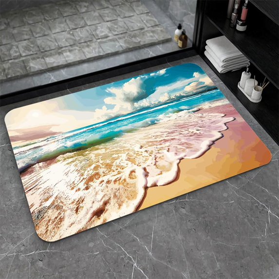 Diatomaceous Earth Bath Mat,Watercolor Beach Waves Non-Slip Volume Super Absorbent Fast Drying for Bathroom Kitchen Door mat,Eco-Friendly Easy to Clean 17×27.5Inch (43 * 70cm)
