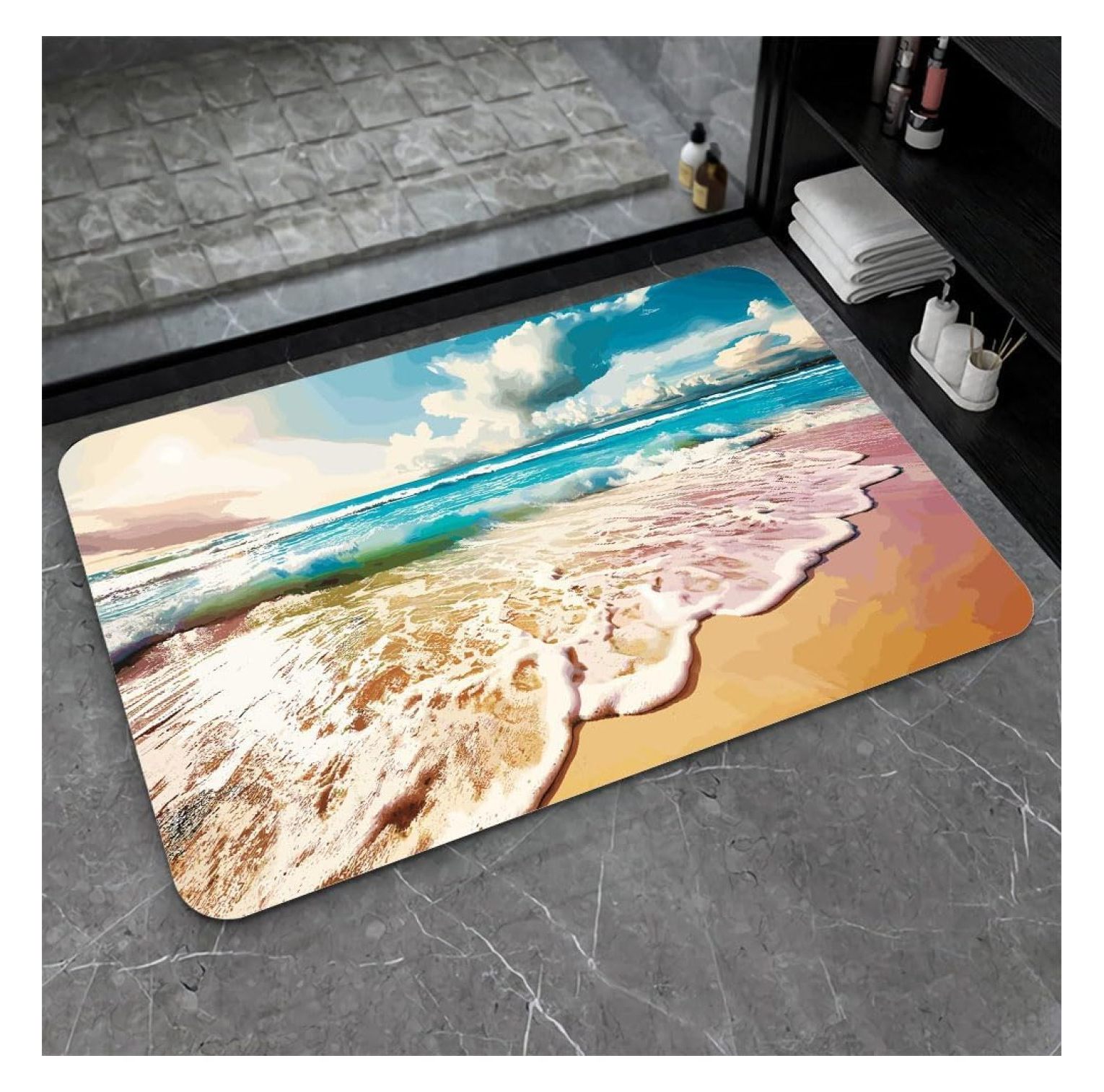 Diatomaceous Earth Bath Mat,Watercolor beach NonSlip Volume Super