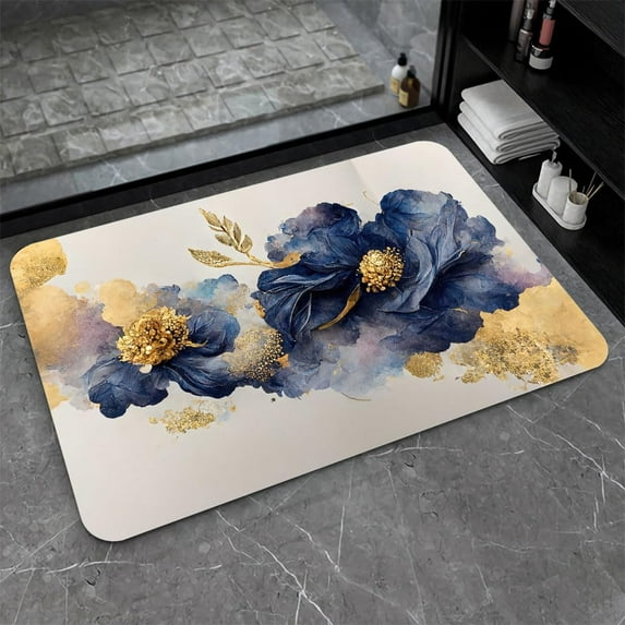 Diatomaceous Earth Bath Mat,Watercolor flowers Gold and blue Non-Slip Volume Super Absorbent Fast Drying for Bathroom kitchen door mat,Eco-Friendly Easy to Clean 17×27.5Inch (43 * 70cm)