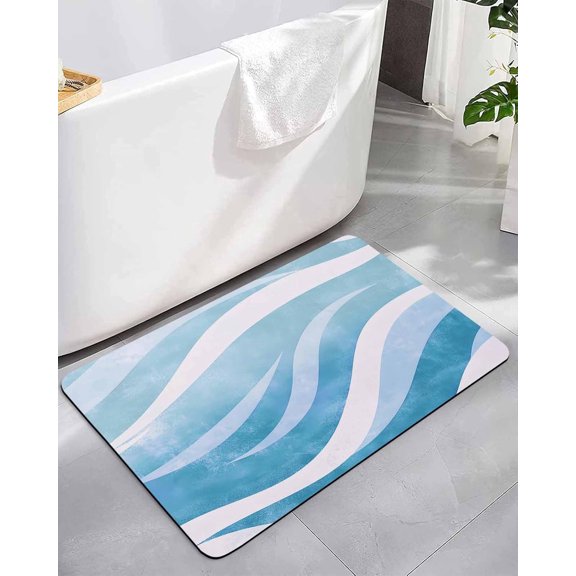 Diatomaceous Earth Bath Rug Quick Drying Non Slip Washable Bath Mat 16x24 Inch Abstract Blue White Ocean Waves Geometric Pattern for Bathroom Kitchen Living Room