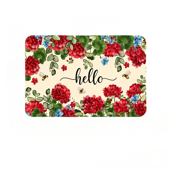 Diatomaceous Earth Entryway Door Mat 36 x 24 Inch, Geranium Floral Hello Bee Print Quick Dry Super Absorbent NonSlip Rubber Backing LowProfile Indoor Floor Mat for Home Entrance