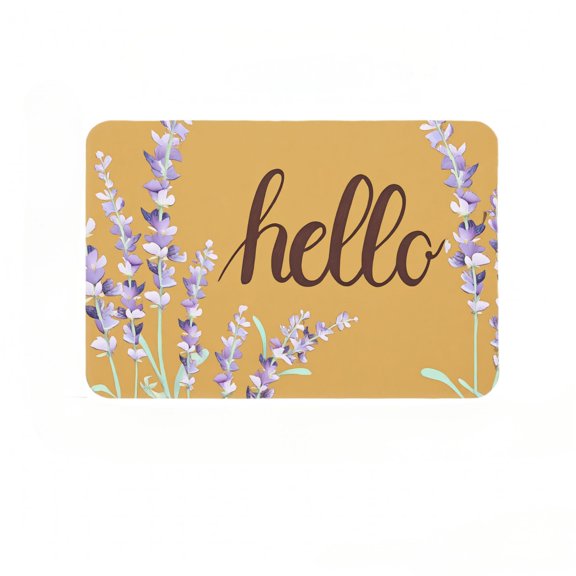 Diatomaceous Earth Entryway Door Mat 36 x 24 Inch, Warm Mustard "Hello" Script With Purple Lavender Floral Border Print Quick Dry Super Absorbent NonSlip Rubber Backing LowProfile Indoor Floor Mat
