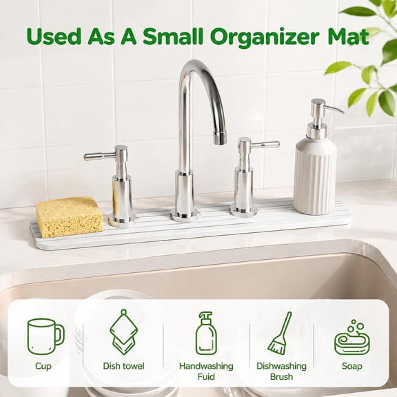 Diatomaceous Earth Faucet Mat White 3 Hole Square Pattern, Fast Drying Absorbent Splash Guard for Kitchen Sink and Bathroom Vanity, Water Drip Catcher Protector for Homeowners
