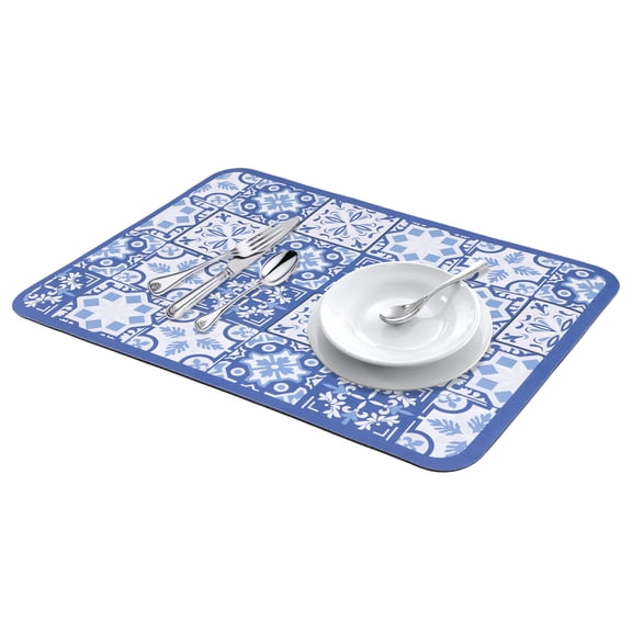 Diatomaceous Stone Dish Drying Mat, Floral Dish Mat Drying Kitchen Mat, Dishes, Cups, and Utensils Dark Blue 15.7*11.8 inch