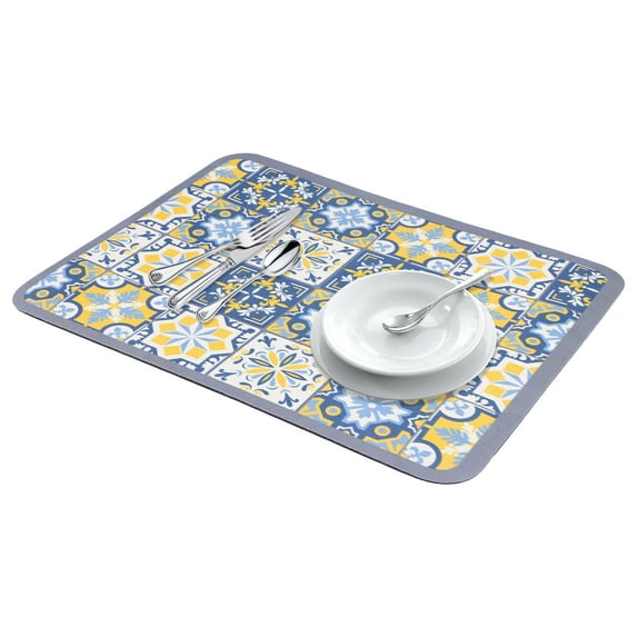 Diatomaceous Stone Dish Drying Mat, Floral Dish Mat Drying Kitchen Mat, Dishes, Cups, and Utensils Yellow 15.7*11.8 inch