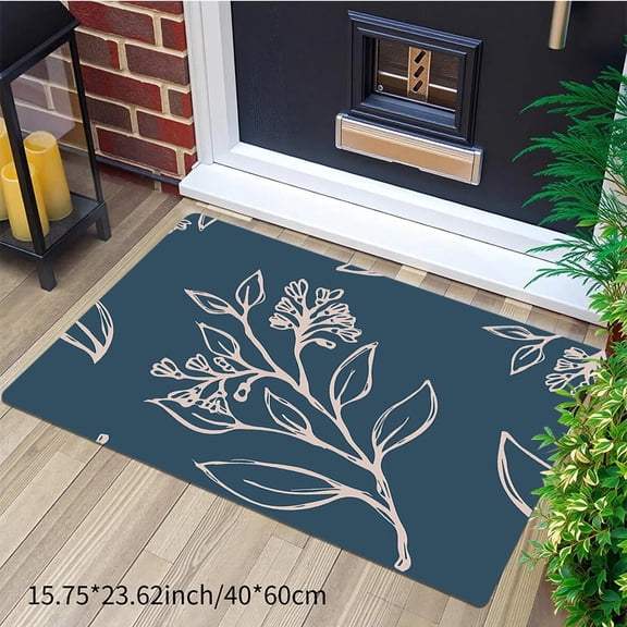 Diatomite Absorbent Floor Mat, Dark Blue with Light Beige Leaf Pattern, Non-Slip Quick Dry Rug for Kitchen, Bedroom, Living Room, Study Entrance