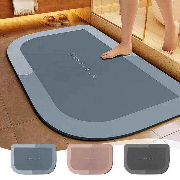 Diatomite Bathroom Floor Mats, Large Rounded Corner Water Absorbent Non Slip Foot Mats Featuring Quick Drying Design for Sink and Toilet Areas, Blue Color Bathroom Doorway Mat Blahzhy