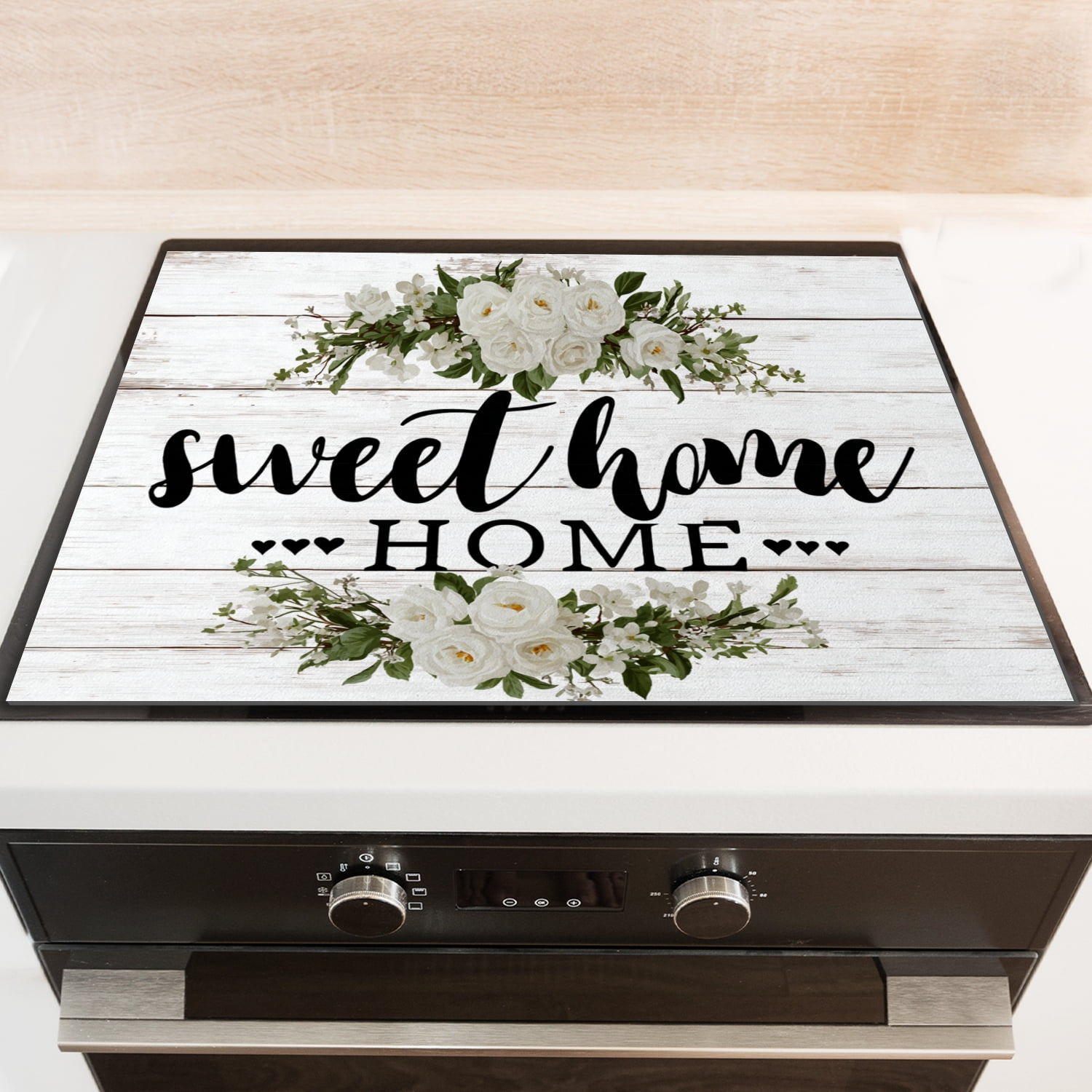 Diatomite Cover for Gas Stove Top, White Flowers Sweet Home Print Heat Resistant Stove Burner Covers, Glass Induction Cooktop Protector Mat for Kitchen RV (28×20 Inch)