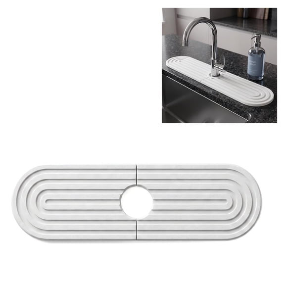 Diatomite Fast Drying Faucet Mat for Kitchen Sink, Water Absorbing Stone Tray, Faucet Splash Guard for Bathroom Counter, White, 23.6" x 4"