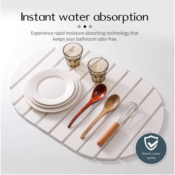 Diatomite Foldable Dish Drying Mat, Fast Absorbing Kitchen Sink Pad, Non-Slip Counter Protector for Draining Dishes, Heat Resistant Trivet, Home Kitchen Mat, White Oval
