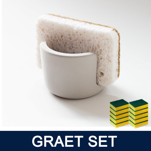 Diatomite Sponge Holder for Kitchen Sink with 10pcs Scrub Sponges - Quick Dry Sink Organizer - Fast Absorbing Stone Drying Caddy - Dish Sponge Holder, Diatomaceous Earth Sponge Holder (Grey, Small)
