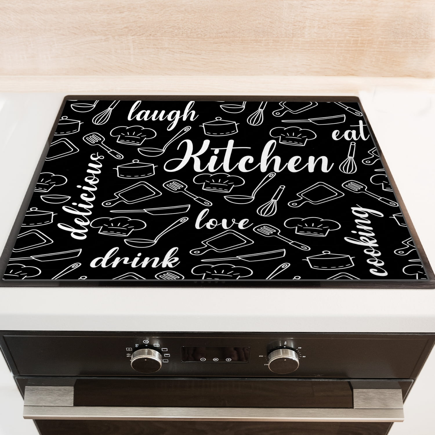 Diatomite Square Stove Top Cover, Kitchen Theme Print Waterproof Oilproof Dustproof Glass Oven Covers Mat, Foldable Washable Durable Pad for Kitchen RV (28×20 Inch)