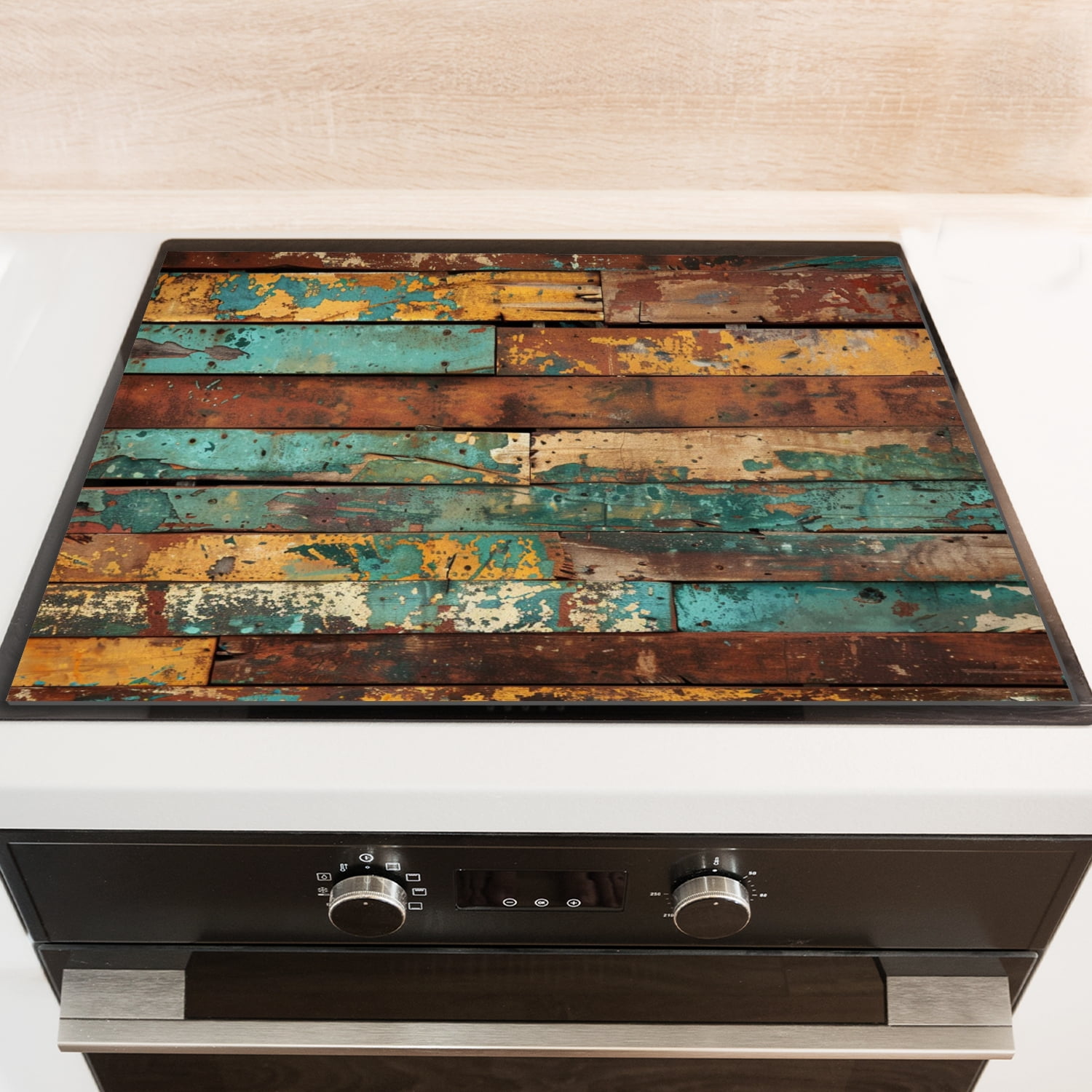 Diatomite Square Stove Top Cover, Rustic Distressed Multicolored Wood Print Waterproof Oilproof Dustproof Glass Oven Covers Mat, Kitchen Decor Pad for Kitchen RV (28×20 Inch)
