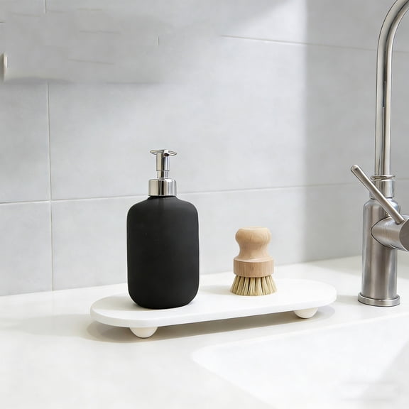 Diatomite Stone Sink Tray - Water Absorbing Fast Drying Soap Dish, Sink Caddy, Non-Slip Wooden Feet - Ideal for Kitchen and Bathroom Countertop - White