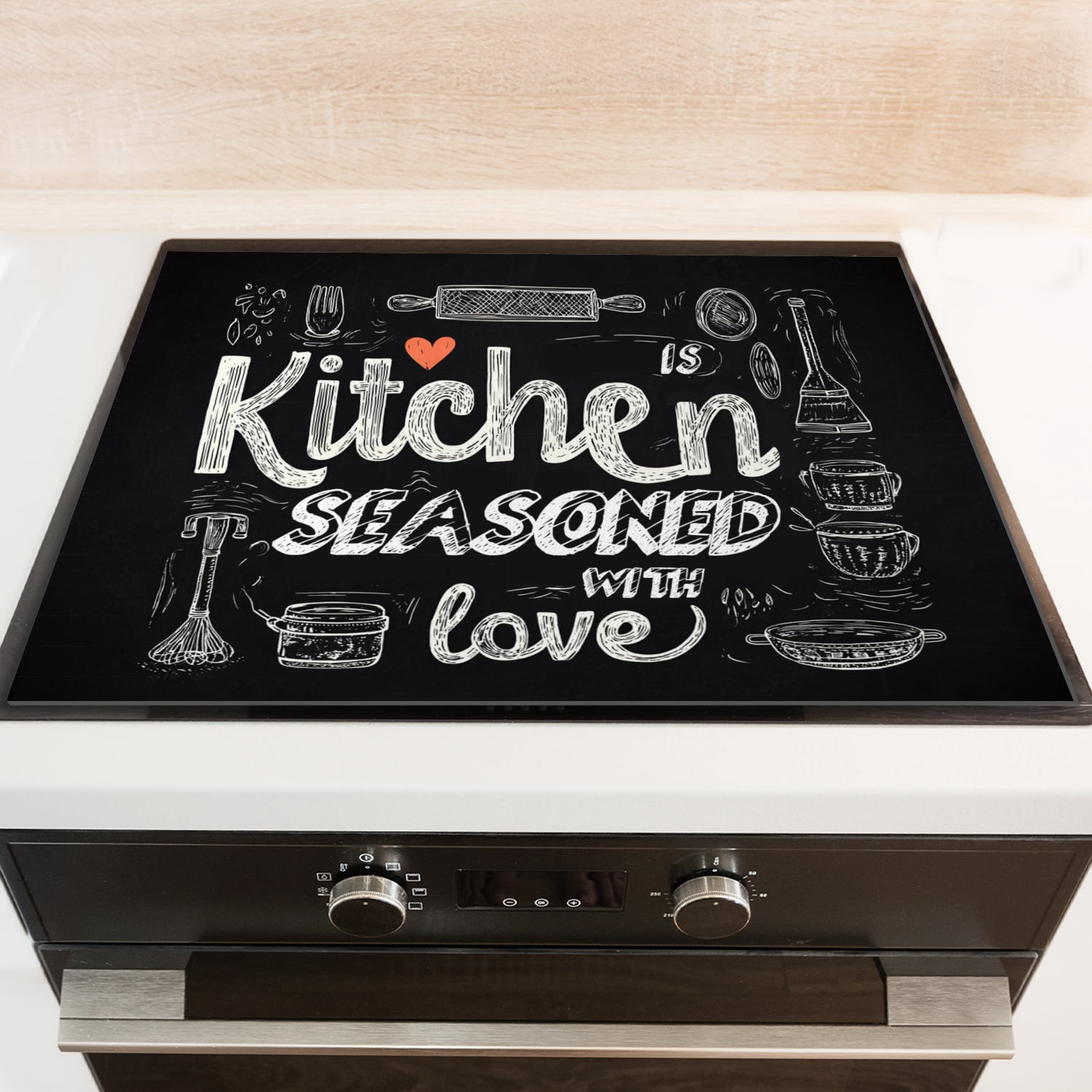 Diatomite Stove Top Covers, Kitchen is Seasoned with Love Kitchen Element Print Scratch-Resistant Glass Stove Protector, Square Foldable Durable Protector Mat for RV (28×20 Inch)