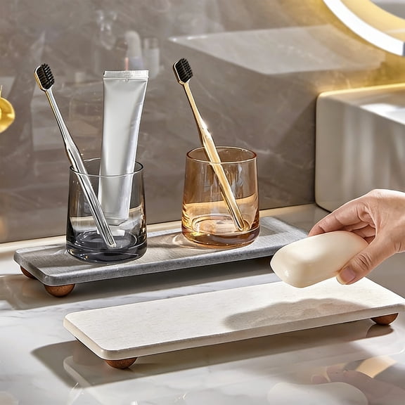 Diatomite Water Absorbing Tray | Fast Drying Stones Mat for Bathroom & Kitchen Countertop | White or Gray | 11.6x3.7in | Soap Dish, Faucet, Sponge Holder | Quick Evaporation, Solid Wood Legs